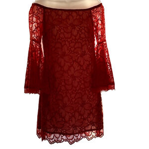 Trina Turk Mini Dress SZ 2 Witchy Valentine Party Club Red Overlay Off Shoulder